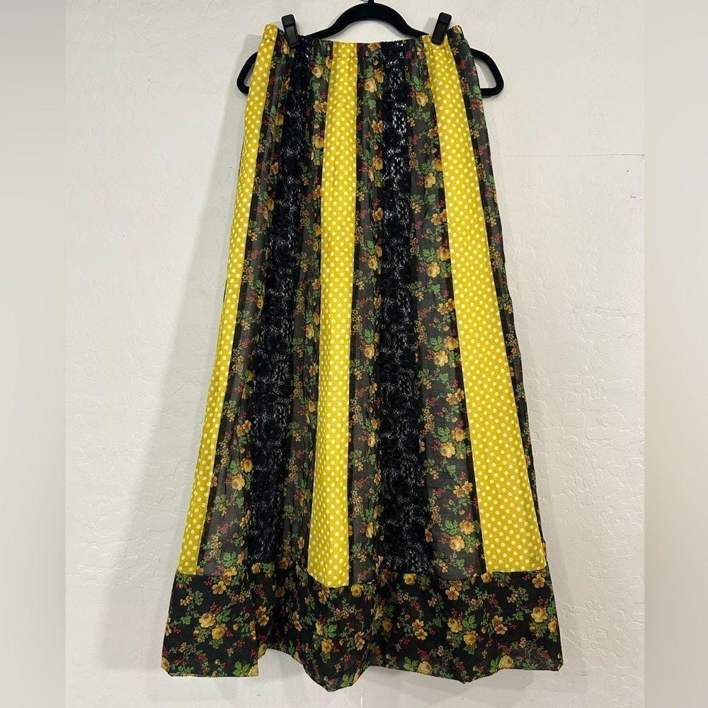 Vintage 80s/90s Chessa Davis Patchwork Maxi Skirt Floral Lace Boho Dots Prairie